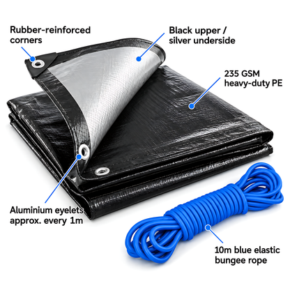 Heavy Duty Black Silver Tarpaulin 4m x 5m 235 GSM Waterproof with 10m Blue Bungee Rope, UV Resistant, 1m Eyelets, Rubber Corners
