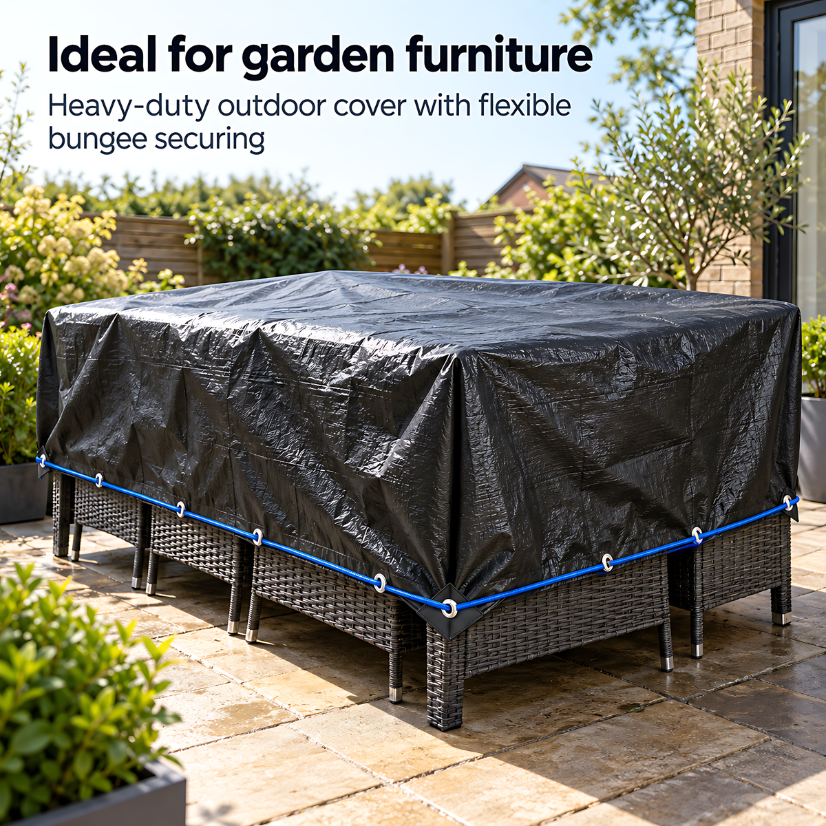 Heavy Duty Black Silver Tarpaulin 3m x 3m 235 GSM Waterproof with 10m Blue Bungee Rope, UV Resistant, 1m Eyelets, Rubber Corners