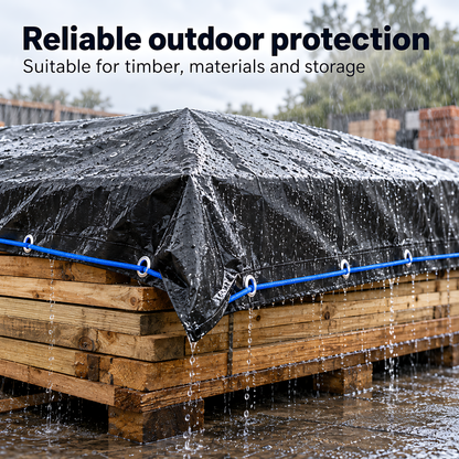 Heavy Duty Black Silver Tarpaulin 5m x 8m 235 GSM Waterproof with 10m Blue Bungee Rope, UV Resistant, 1m Eyelets, Rubber Corners