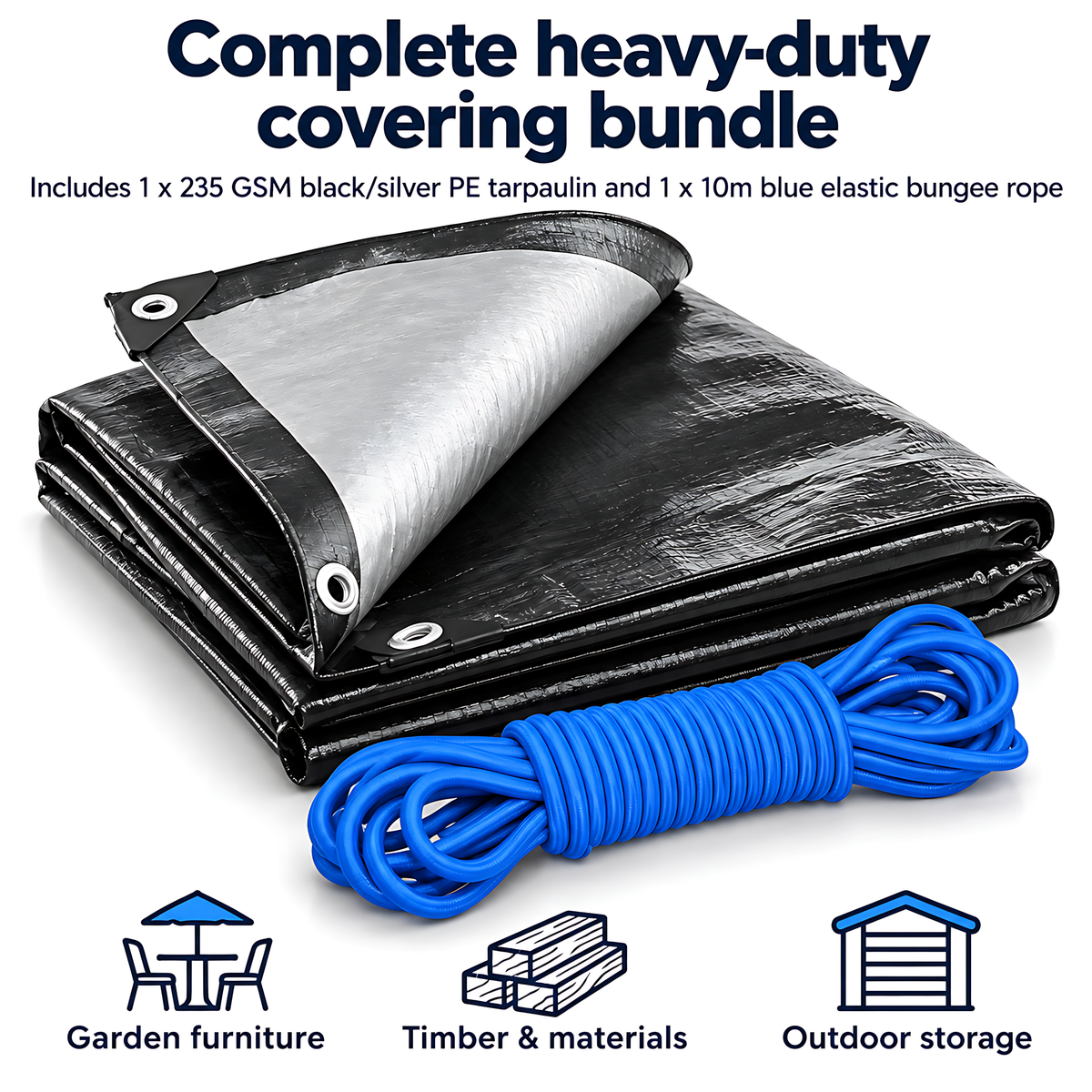 Heavy Duty Black Silver Tarpaulin 2m x 3m 235 GSM Waterproof with 10m Blue Bungee Rope, UV Resistant, 1m Eyelets, Rubber Corners