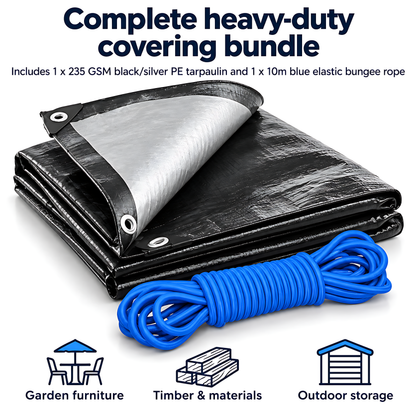 Heavy Duty Black Silver Tarpaulin 4m x 5m 235 GSM Waterproof with 10m Blue Bungee Rope, UV Resistant, 1m Eyelets, Rubber Corners