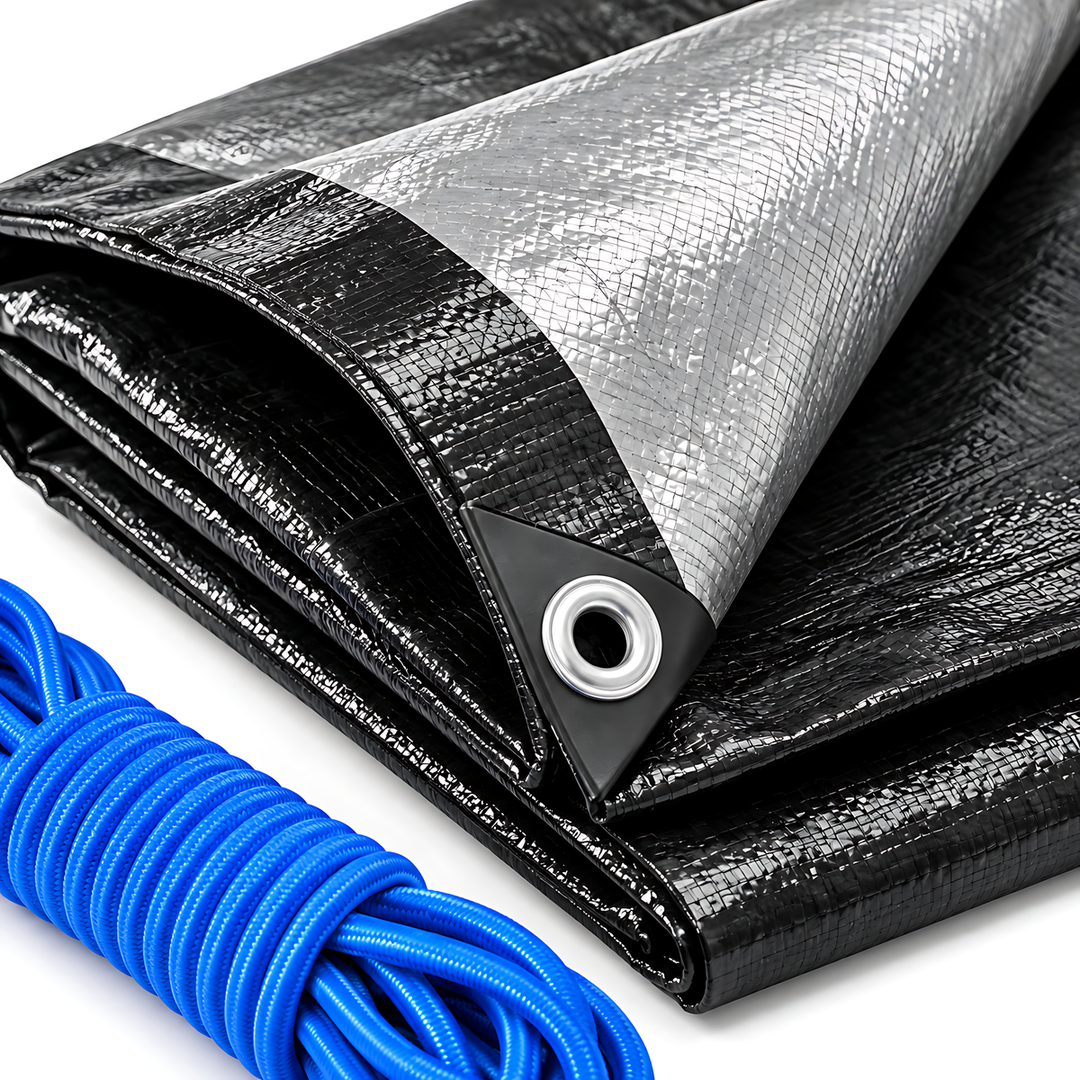 Heavy Duty Black Silver Tarpaulin 10m x 12m 235 GSM Waterproof with 10m Blue Bungee Rope, UV Resistant, 1m Eyelets, Rubber Corners