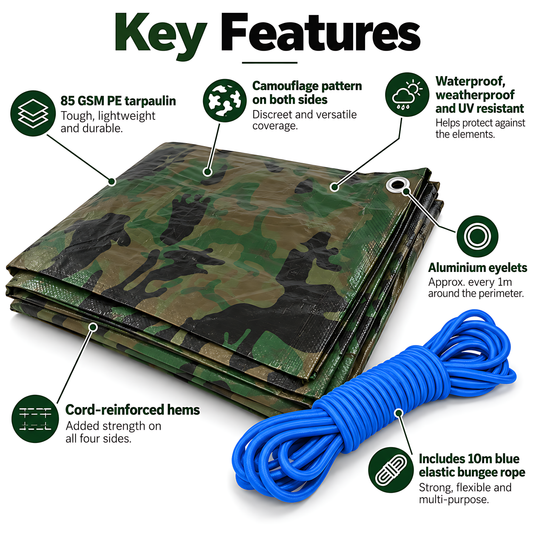 Camouflage Tarpaulin 3m x 3m 85 GSM Waterproof with 10m Blue Bungee Rope, UV Resistant, Aluminium Eyelets, Reinforced Hems