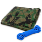 Camouflage Tarpaulin 2m x 2m 85 GSM Waterproof with 10m Blue Bungee Rope, UV Resistant, Aluminium Eyelets, Reinforced Hems