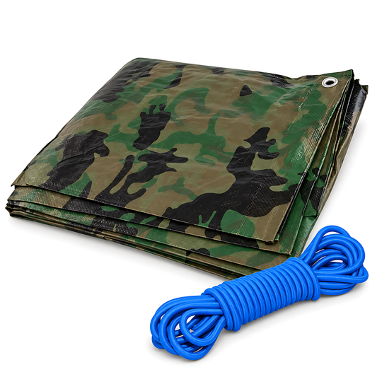 Camouflage Tarpaulin 3m x 3m 85 GSM Waterproof with 10m Blue Bungee Rope, UV Resistant, Aluminium Eyelets, Reinforced Hems