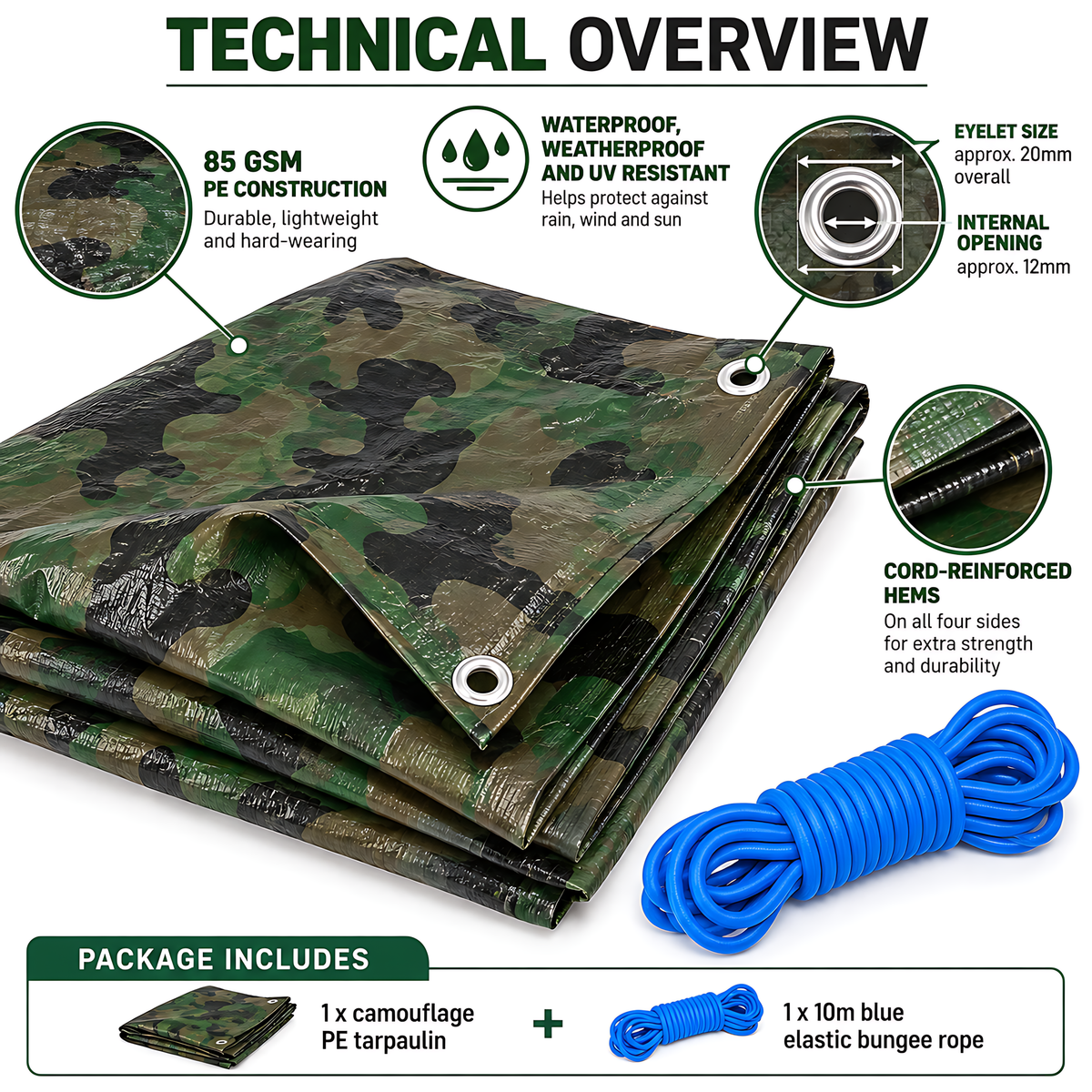 Camouflage Tarpaulin 4m x 6m 85 GSM Waterproof with 10m Blue Bungee Rope, UV Resistant, Aluminium Eyelets, Reinforced Hems