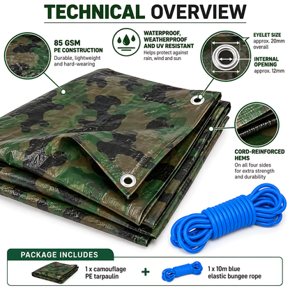 Camouflage Tarpaulin 4m x 6m 85 GSM Waterproof with 10m Blue Bungee Rope, UV Resistant, Aluminium Eyelets, Reinforced Hems