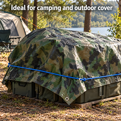 Camouflage Tarpaulin 1.5m x 2m 85 GSM Waterproof with 10m Blue Bungee Rope, UV Resistant, Aluminium Eyelets, Reinforced Hems