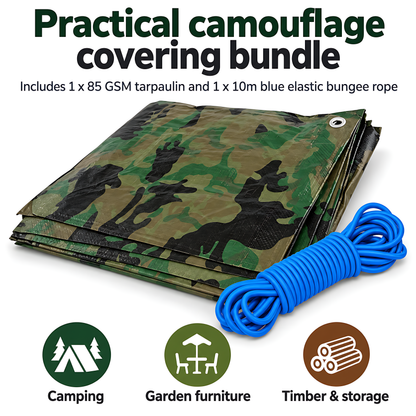 Camouflage Tarpaulin 3m x 5m 85 GSM Waterproof with 10m Blue Bungee Rope, UV Resistant, Aluminium Eyelets, Reinforced Hems