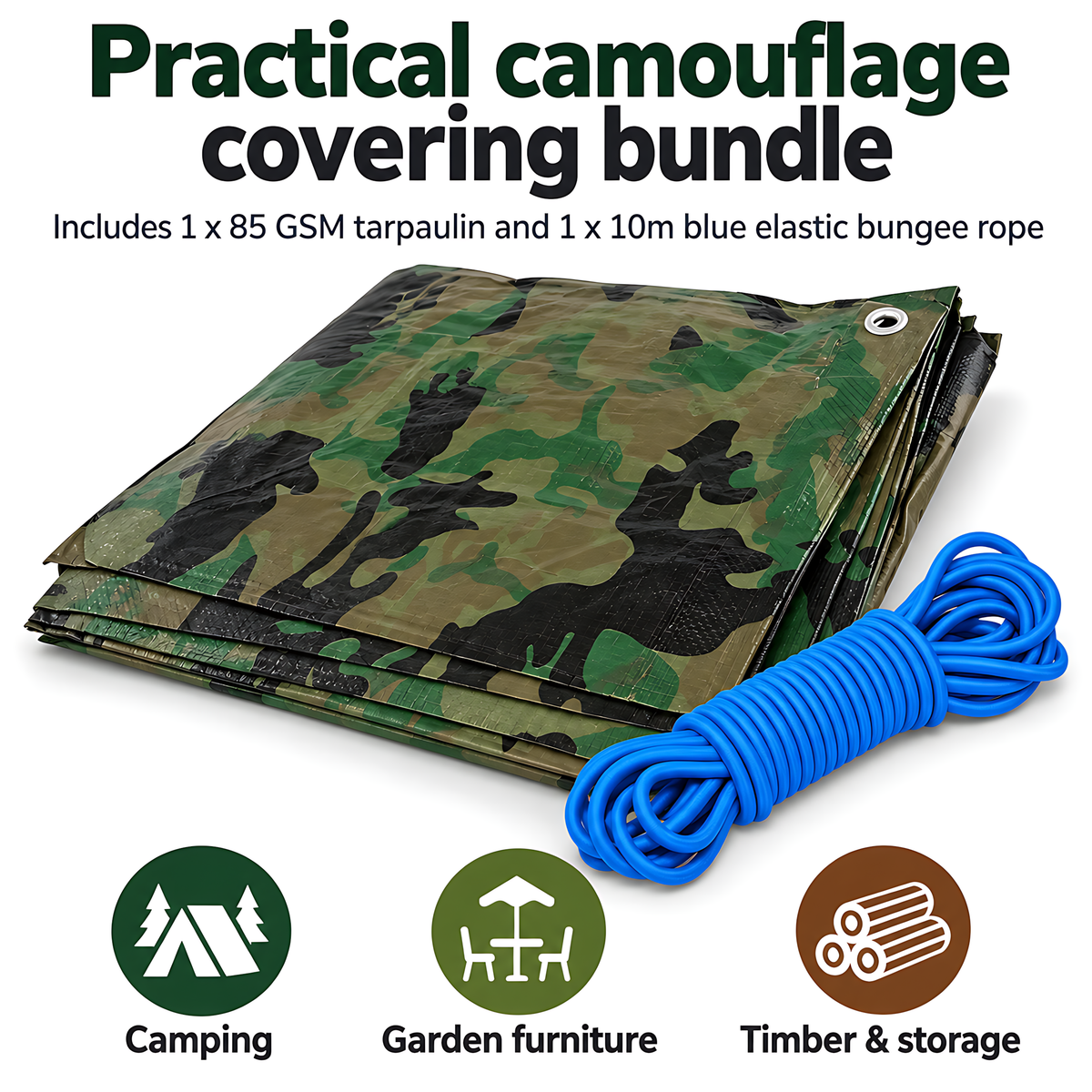 Camouflage Tarpaulin 5m x 6m 85 GSM Waterproof with 10m Blue Bungee Rope, UV Resistant, Aluminium Eyelets, Reinforced Hems