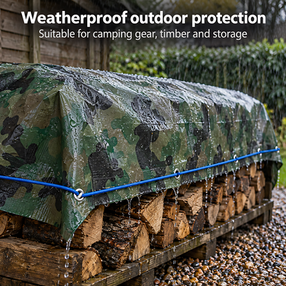 Camouflage Tarpaulin 3m x 3m 85 GSM Waterproof with 10m Blue Bungee Rope, UV Resistant, Aluminium Eyelets, Reinforced Hems