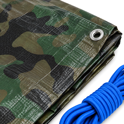 Camouflage Tarpaulin 6m x 6m 85 GSM Waterproof with 10m Blue Bungee Rope, UV Resistant, Aluminium Eyelets, Reinforced Hems