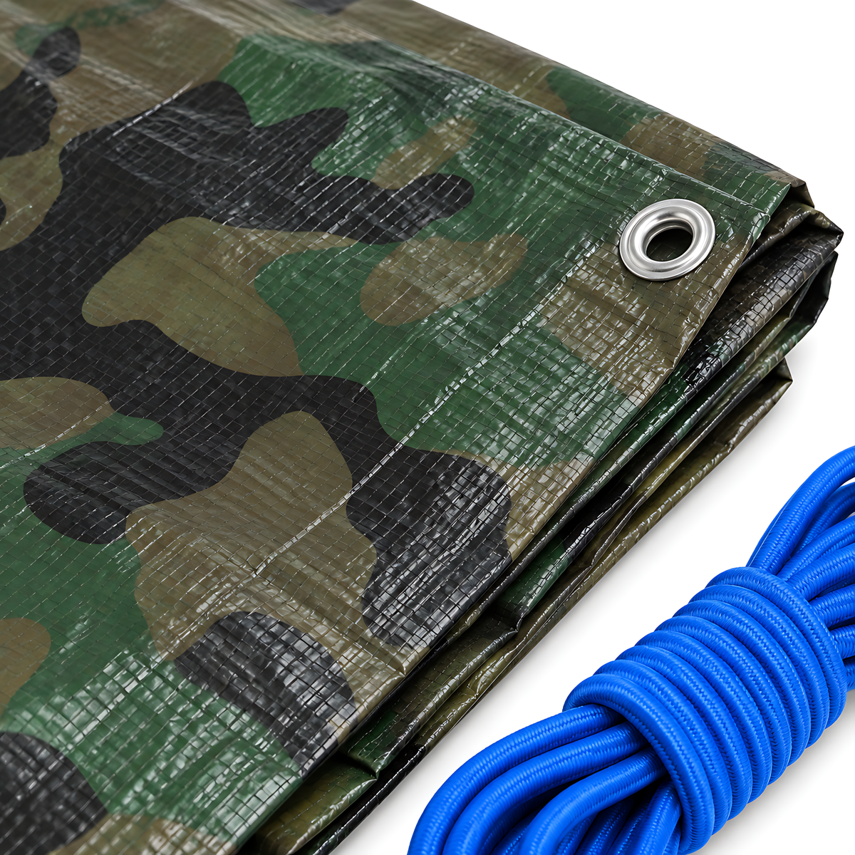Camouflage Tarpaulin 4m x 5m 85 GSM Waterproof with 10m Blue Bungee Rope, UV Resistant, Aluminium Eyelets, Reinforced Hems