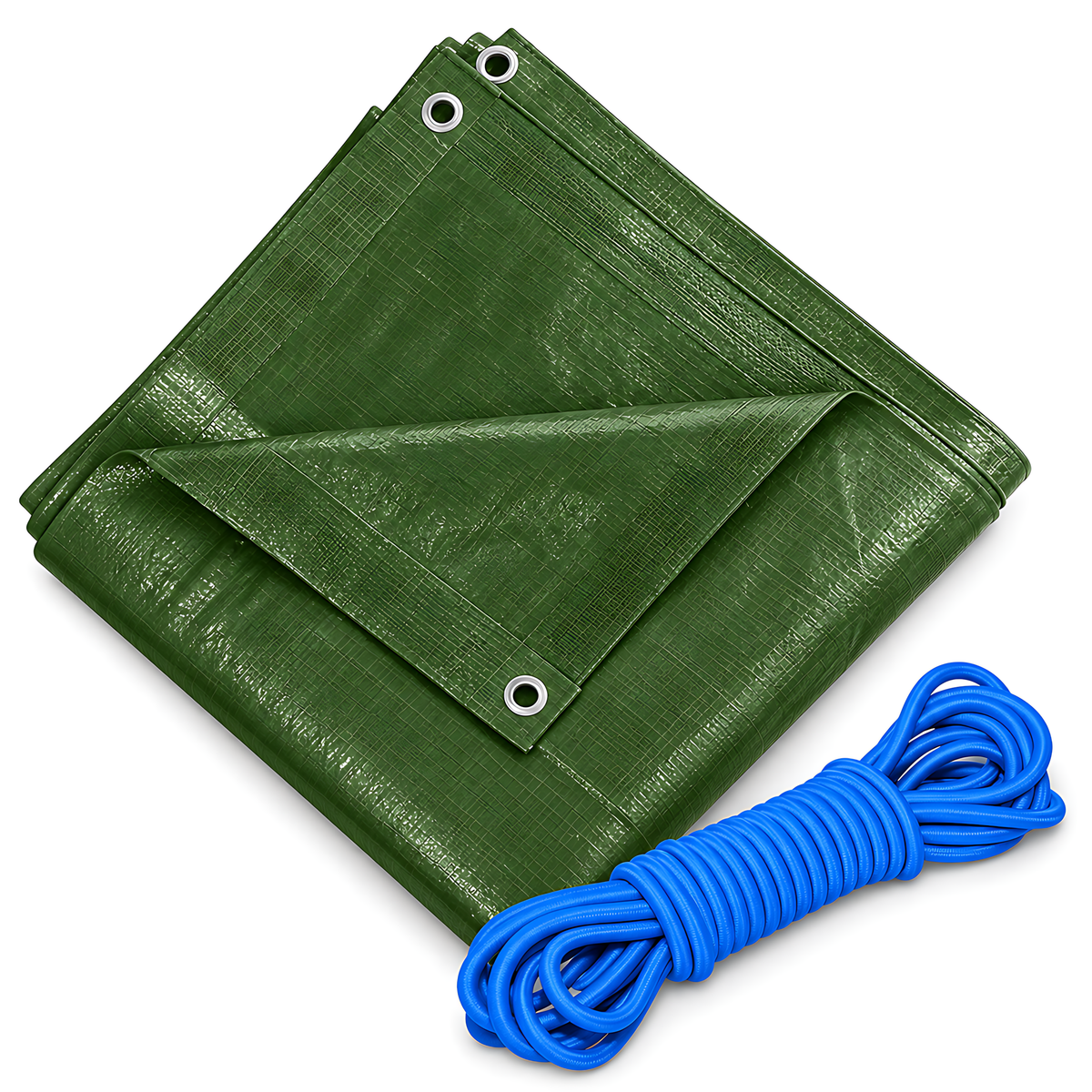 Green Tarpaulin 5m x 6m 90 GSM Waterproof with 10m Blue Elastic Bungee Rope, UV Resistant, Aluminium Eyelets, Reinforced Hems