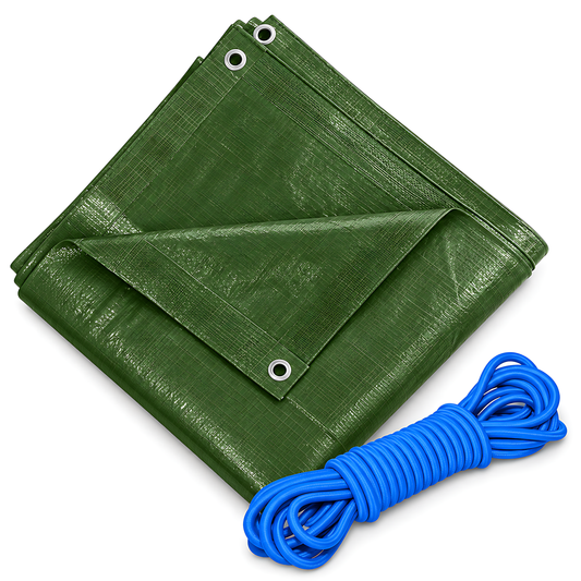Green Tarpaulin 8m x 8m 90 GSM Waterproof with 10m Blue Elastic Bungee Rope, UV Resistant, Aluminium Eyelets, Reinforced Hems
