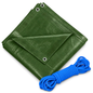 Green Tarpaulin 10m x 10m 90 GSM Waterproof with 10m Blue Elastic Bungee Rope, UV Resistant, Aluminium Eyelets, Reinforced Hems