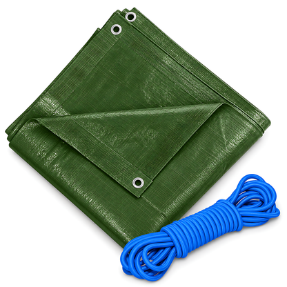 Green Tarpaulin 10m x 12m 90 GSM Waterproof with 10m Blue Elastic Bungee Rope, UV Resistant, Aluminium Eyelets, Reinforced Hems