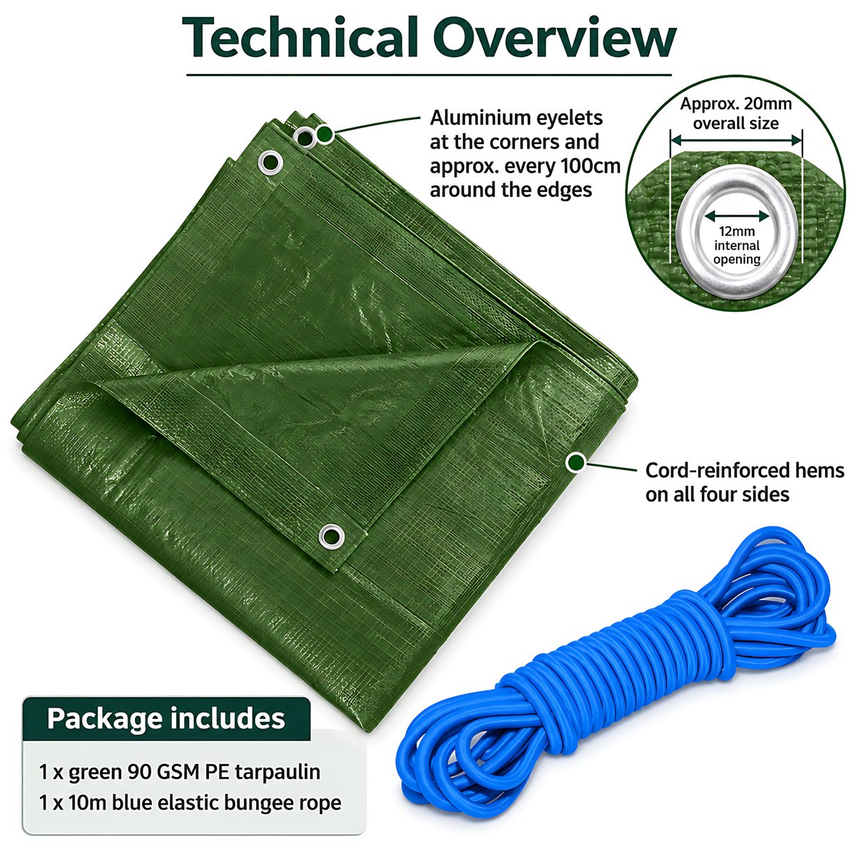 Green Tarpaulin 2m x 3m 90 GSM Waterproof with 10m Blue Elastic Bungee Rope, UV Resistant, Aluminium Eyelets, Reinforced Hems