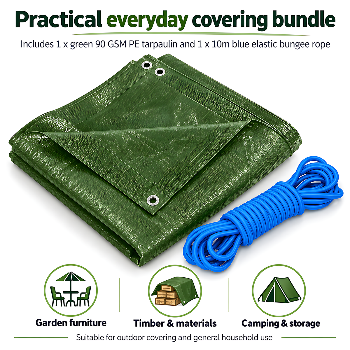 Green Tarpaulin 4m x 4m 90 GSM Waterproof with 10m Blue Elastic Bungee Rope, UV Resistant, Aluminium Eyelets, Reinforced Hems