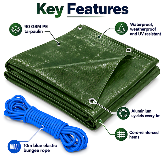 Green Tarpaulin 2m x 2m 90 GSM Waterproof with 10m Blue Elastic Bungee Rope, UV Resistant, Aluminium Eyelets, Reinforced Hems
