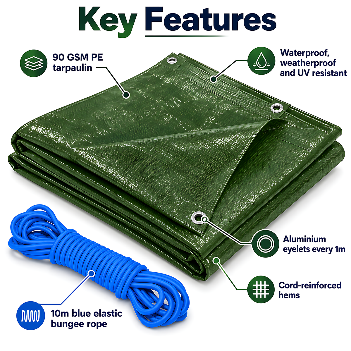 Green Tarpaulin 6m x 6m 90 GSM Waterproof with 10m Blue Elastic Bungee Rope, UV Resistant, Aluminium Eyelets, Reinforced Hems