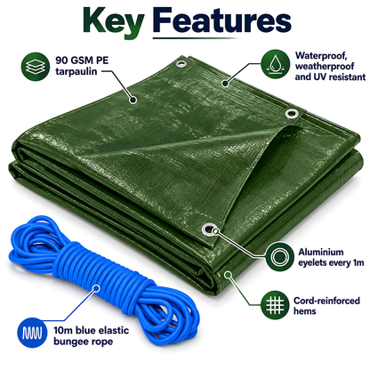Green Tarpaulin 5m x 5m 90 GSM Waterproof with 10m Blue Elastic Bungee Rope, UV Resistant, Aluminium Eyelets, Reinforced Hems