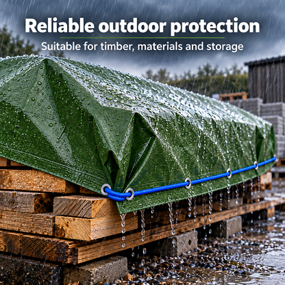 Green Tarpaulin 2m x 2m 90 GSM Waterproof with 10m Blue Elastic Bungee Rope, UV Resistant, Aluminium Eyelets, Reinforced Hems