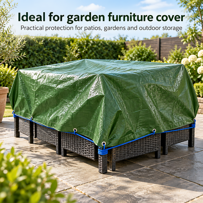 Green Tarpaulin 10m x 10m 90 GSM Waterproof with 10m Blue Elastic Bungee Rope, UV Resistant, Aluminium Eyelets, Reinforced Hems