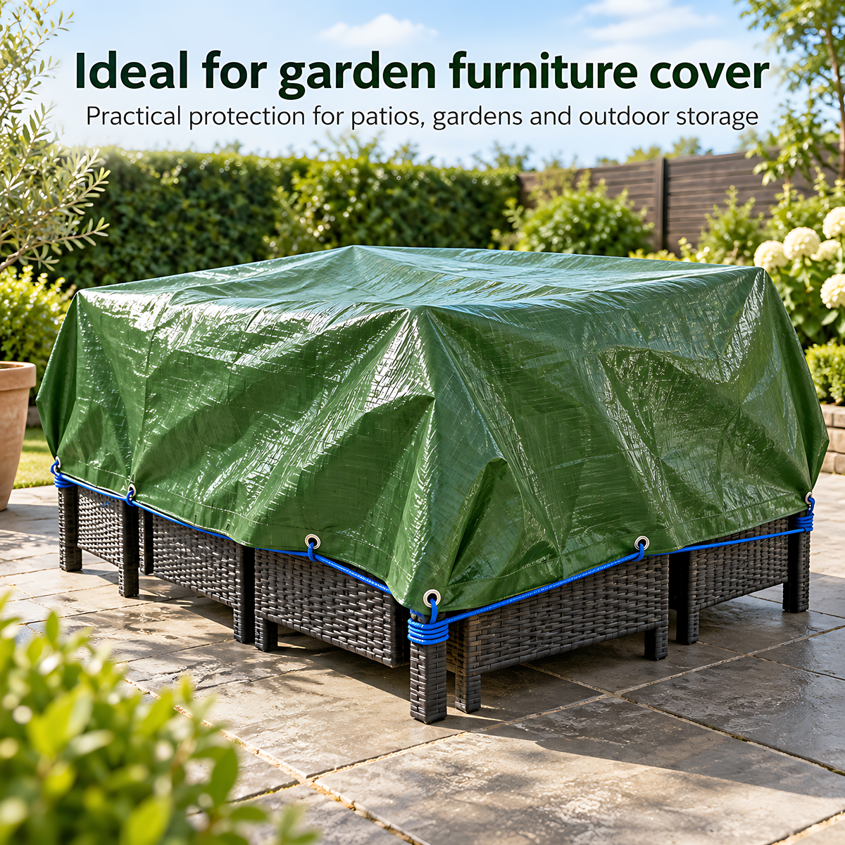 Green Tarpaulin 4m x 8m 90 GSM Waterproof with 10m Blue Elastic Bungee Rope, UV Resistant, Aluminium Eyelets, Reinforced Hems