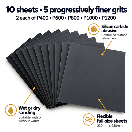 Wet and Dry Sandpaper 10 Sheets 230mm x 280mm P400 P600 P800 P1000 P1200 Waterproof Silicon Carbide for Car Paint & Primer