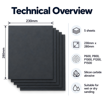 Wet and Dry Sandpaper 5 Sheets 230mm x 280mm P600 P800 P1000 P1200 P1500 Waterproof Silicon Carbide for Car Paint & Clear Coat