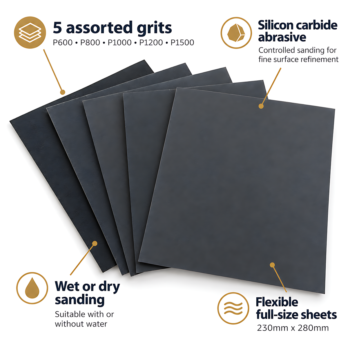 Wet and Dry Sandpaper 5 Sheets 230mm x 280mm P600 P800 P1000 P1200 P1500 Waterproof Silicon Carbide for Car Paint & Clear Coat