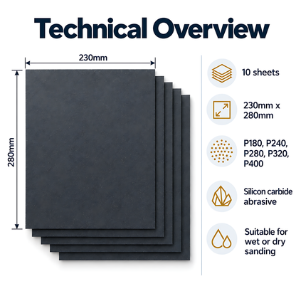 Wet and Dry Sandpaper 10 Sheets 230mm x 280mm P180 P240 P280 P320 P400 Waterproof Silicon Carbide for Car Bodywork