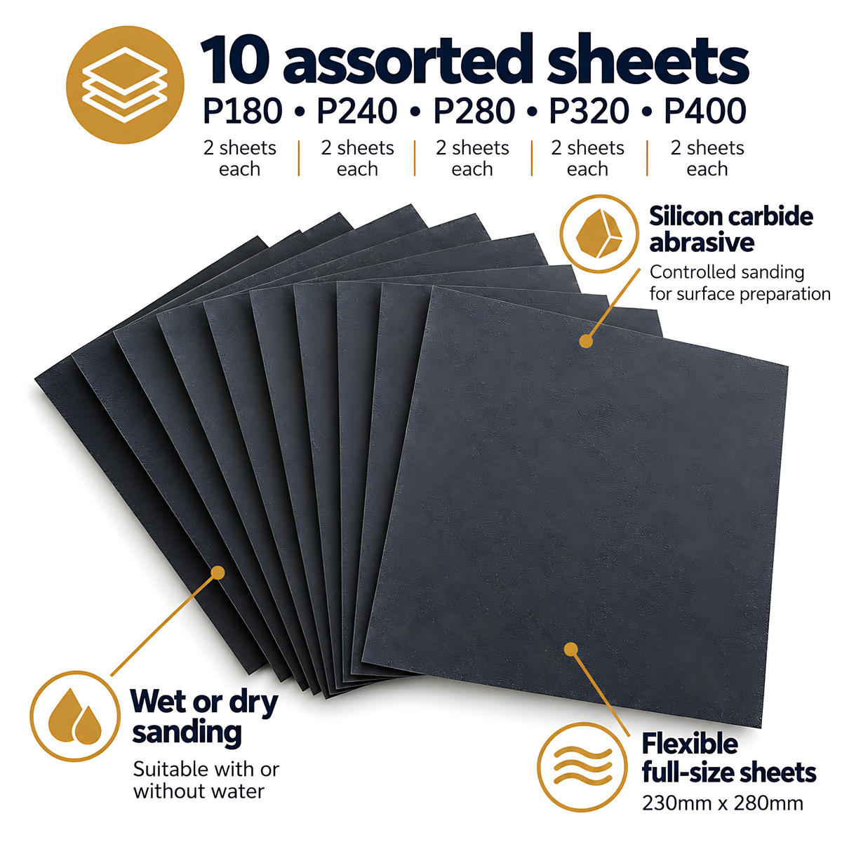Wet and Dry Sandpaper 10 Sheets 230mm x 280mm P180 P240 P280 P320 P400 Waterproof Silicon Carbide for Car Bodywork