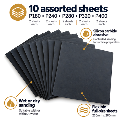 Wet and Dry Sandpaper 10 Sheets 230mm x 280mm P180 P240 P280 P320 P400 Waterproof Silicon Carbide for Car Bodywork