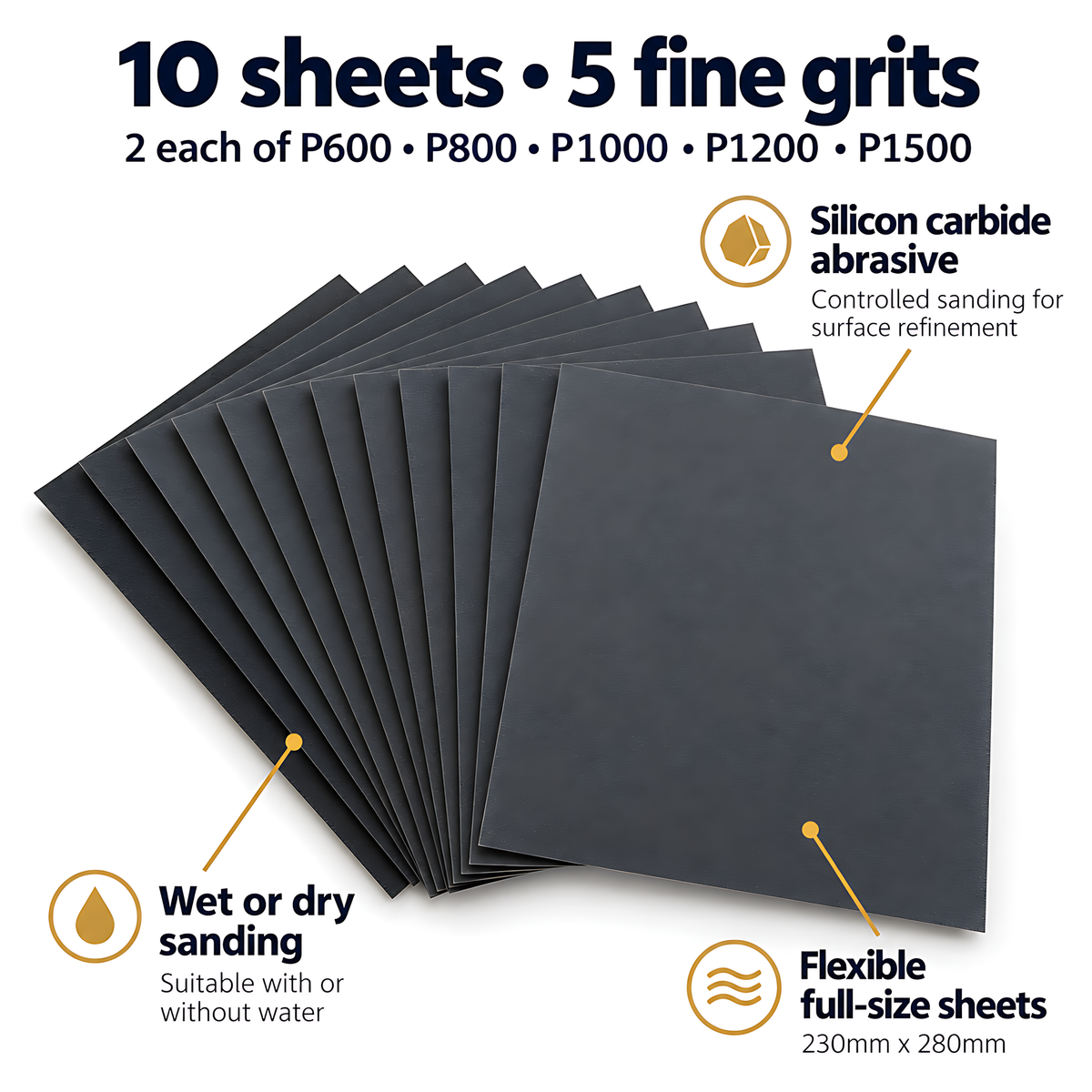Wet and Dry Sandpaper 10 Sheets 230mm x 280mm P600 P800 P1000 P1200 P1500 Waterproof Silicon Carbide for Car Paint & Clear Coat