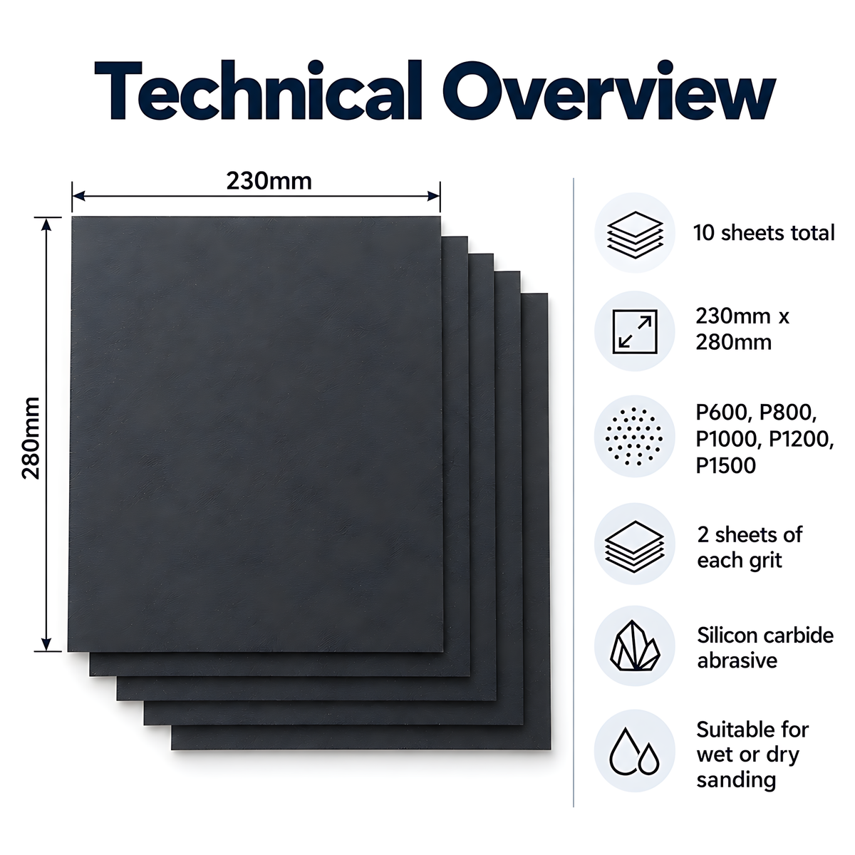 Wet and Dry Sandpaper 10 Sheets 230mm x 280mm P600 P800 P1000 P1200 P1500 Waterproof Silicon Carbide for Car Paint & Clear Coat