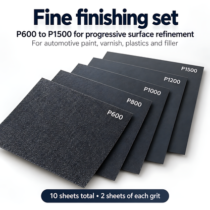 Wet and Dry Sandpaper 10 Sheets 230mm x 280mm P600 P800 P1000 P1200 P1500 Waterproof Silicon Carbide for Car Paint & Clear Coat