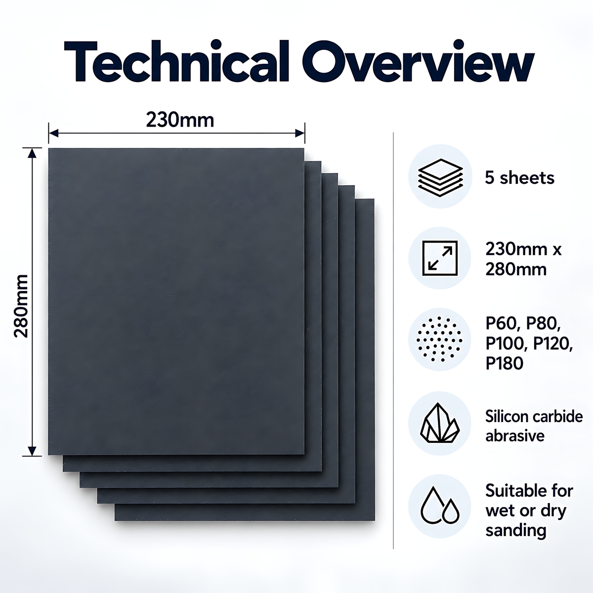 Wet and Dry Sandpaper 5 Sheets 230mm x 280mm P60 P80 P100 P120 P180 Waterproof Silicon Carbide for Paint & Filler