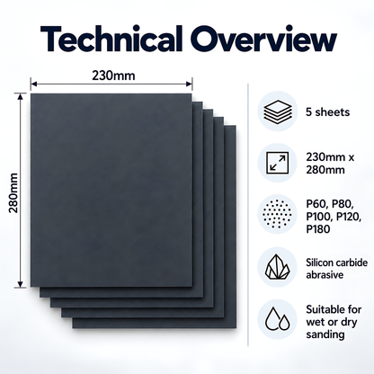 Wet and Dry Sandpaper 5 Sheets 230mm x 280mm P60 P80 P100 P120 P180 Waterproof Silicon Carbide for Paint & Filler