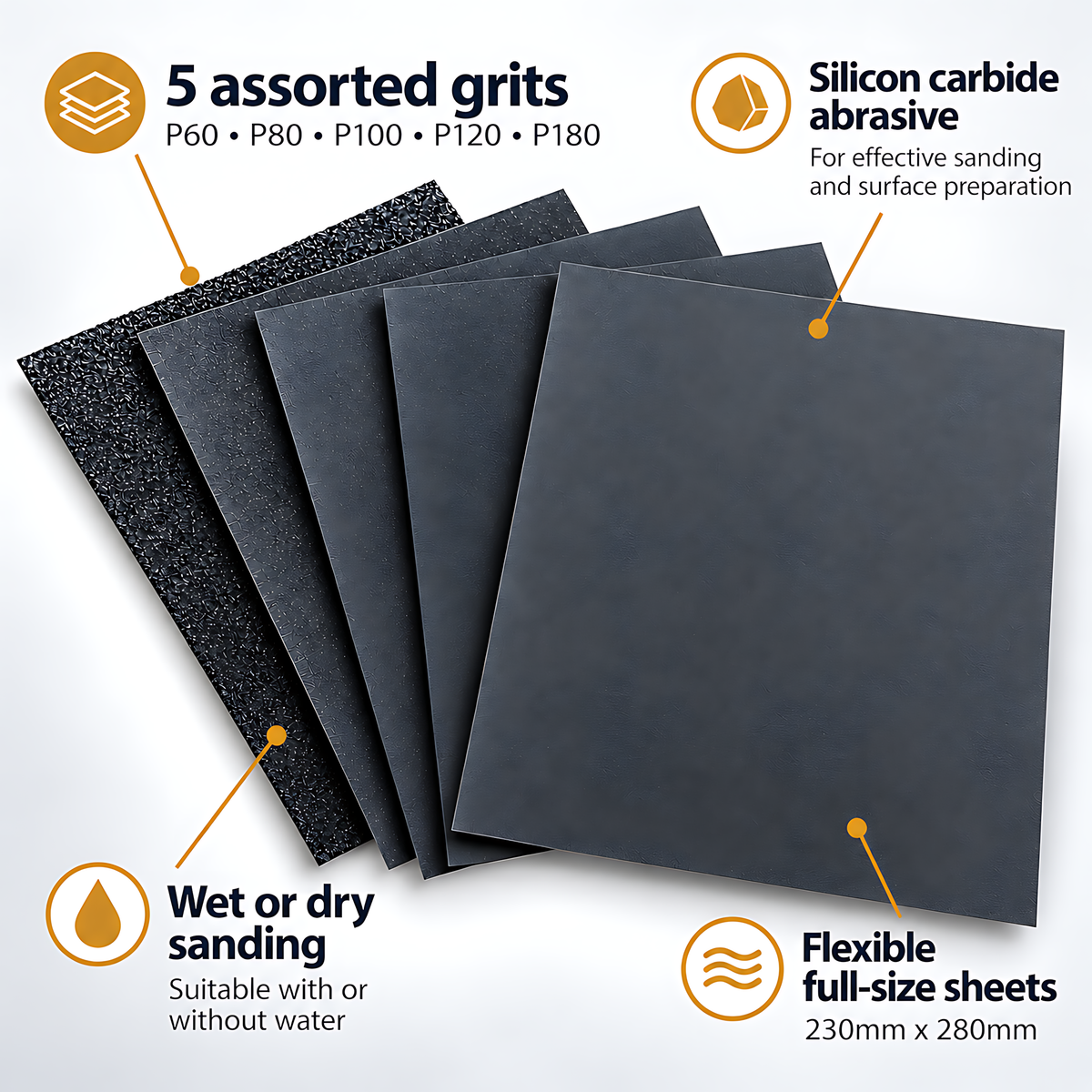 Wet and Dry Sandpaper 5 Sheets 230mm x 280mm P60 P80 P100 P120 P180 Waterproof Silicon Carbide for Paint & Filler