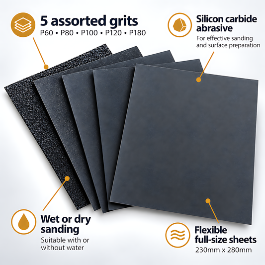 Wet and Dry Sandpaper 5 Sheets 230mm x 280mm P60 P80 P100 P120 P180 Waterproof Silicon Carbide for Paint & Filler