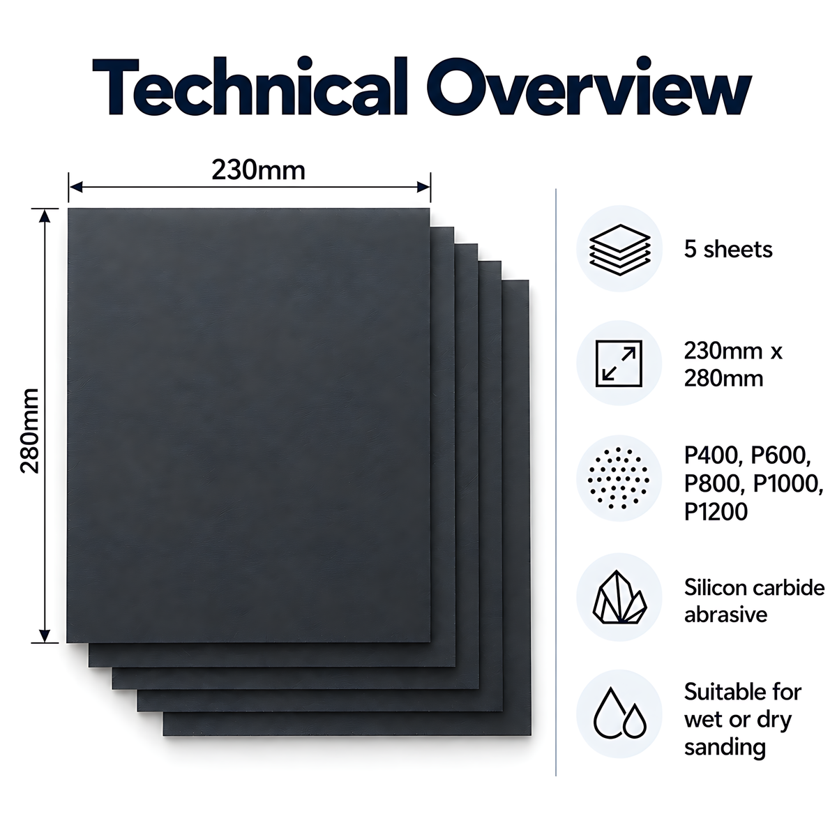Wet and Dry Sandpaper 5 Sheets 230mm x 280mm P400 P600 P800 P1000 P1200 Waterproof Silicon Carbide for Car Paint & Primer