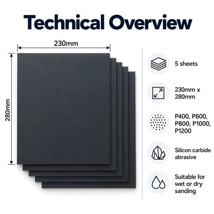 Wet and Dry Sandpaper 5 Sheets 230mm x 280mm P400 P600 P800 P1000 P1200 Waterproof Silicon Carbide for Car Paint & Primer