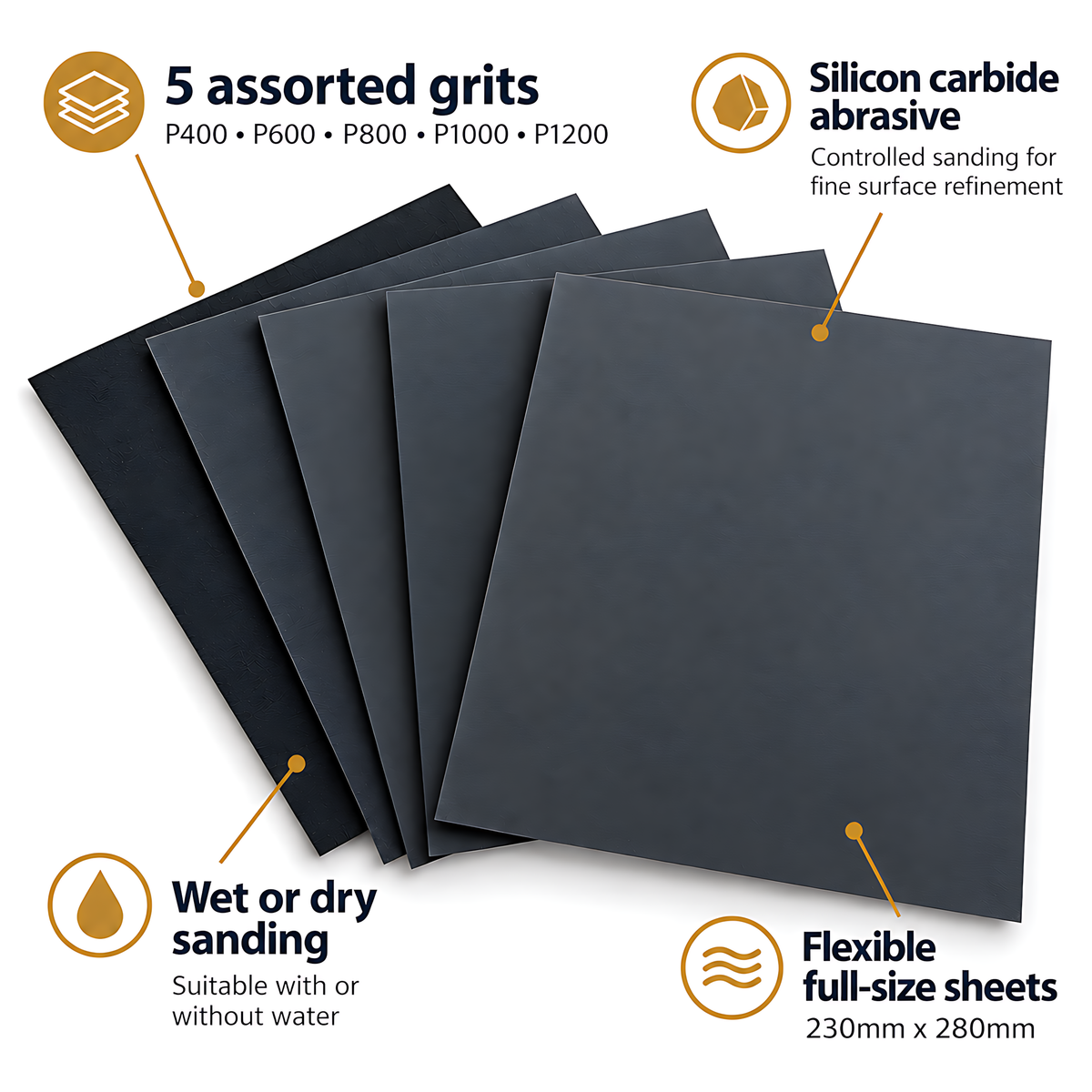 Wet and Dry Sandpaper 5 Sheets 230mm x 280mm P400 P600 P800 P1000 P1200 Waterproof Silicon Carbide for Car Paint & Primer