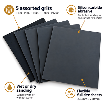 Wet and Dry Sandpaper 5 Sheets 230mm x 280mm P400 P600 P800 P1000 P1200 Waterproof Silicon Carbide for Car Paint & Primer