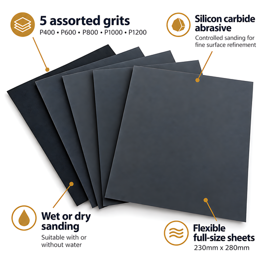 Wet and Dry Sandpaper 5 Sheets 230mm x 280mm P400 P600 P800 P1000 P1200 Waterproof Silicon Carbide for Car Paint & Primer