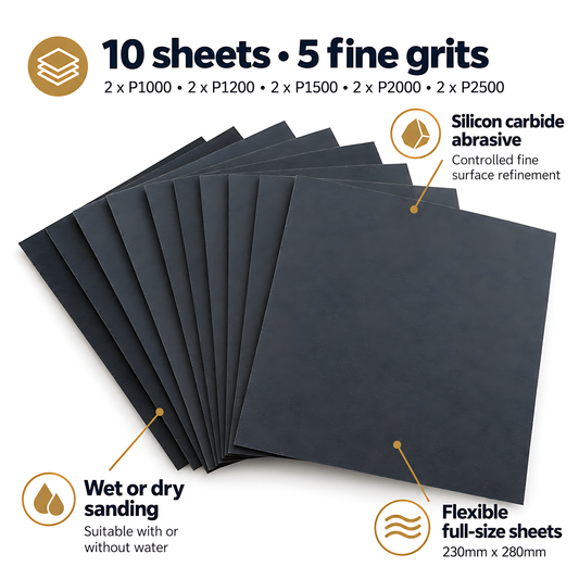Wet and Dry Sandpaper 10 Sheets 230mm x 280mm P1000 P1200 P1500 P2000 P2500 Waterproof Silicon Carbide for Car Paint & Plastics