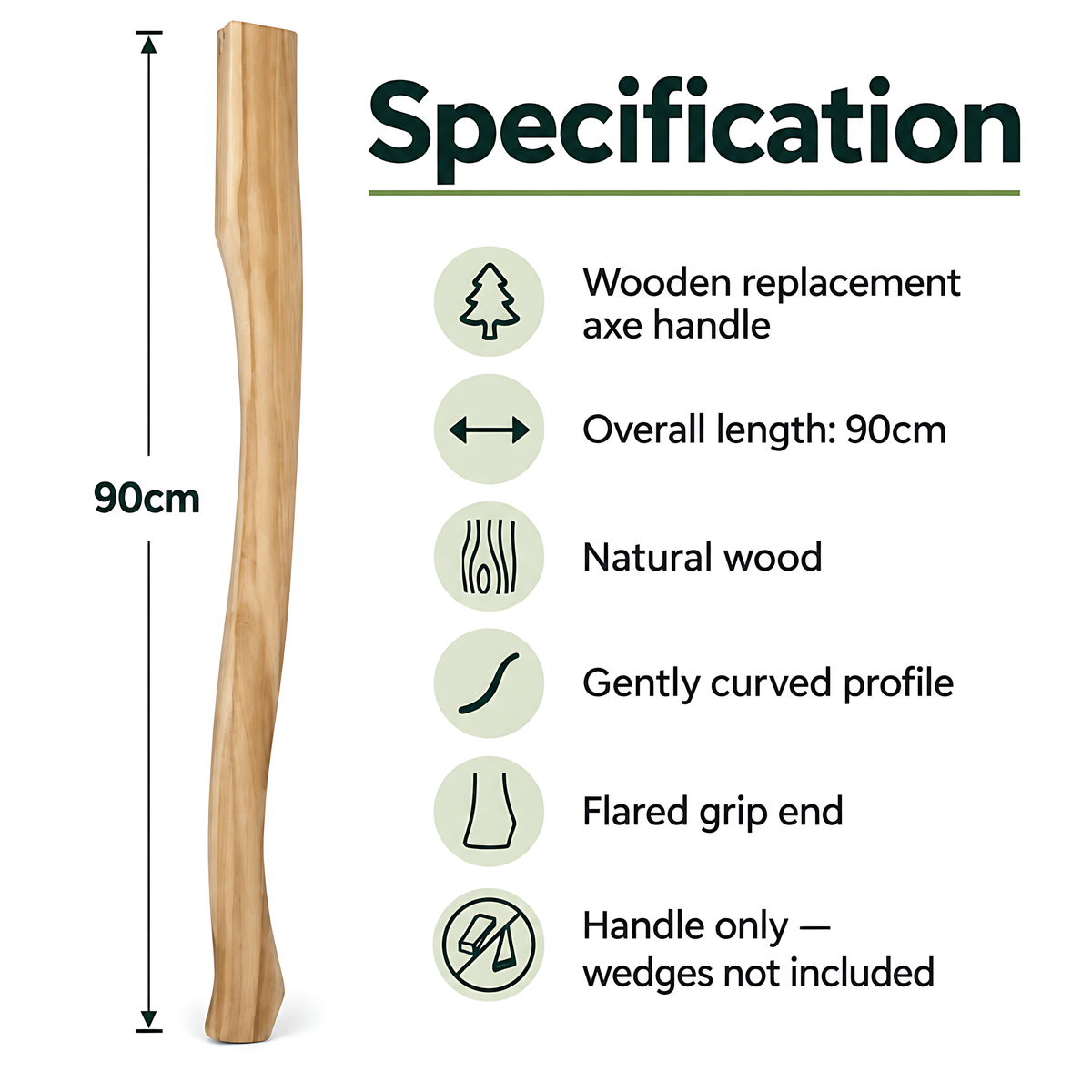 Wooden AxeHandle 90cm 35.5" Replacement Shaft with Flared Grip for Repairs, AxeRestoration and Workshop Repairs, Gently Curved