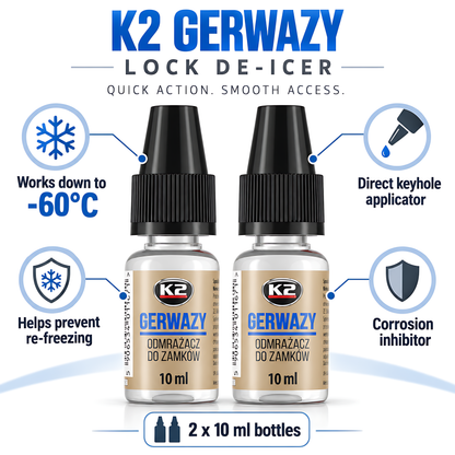 2 x K2 Gerwazy Lock De-Icer 10ml for Cars, Doors, Padlocks and Gates for Letterboxes, Parking Locks and Hinges, Works to -60C